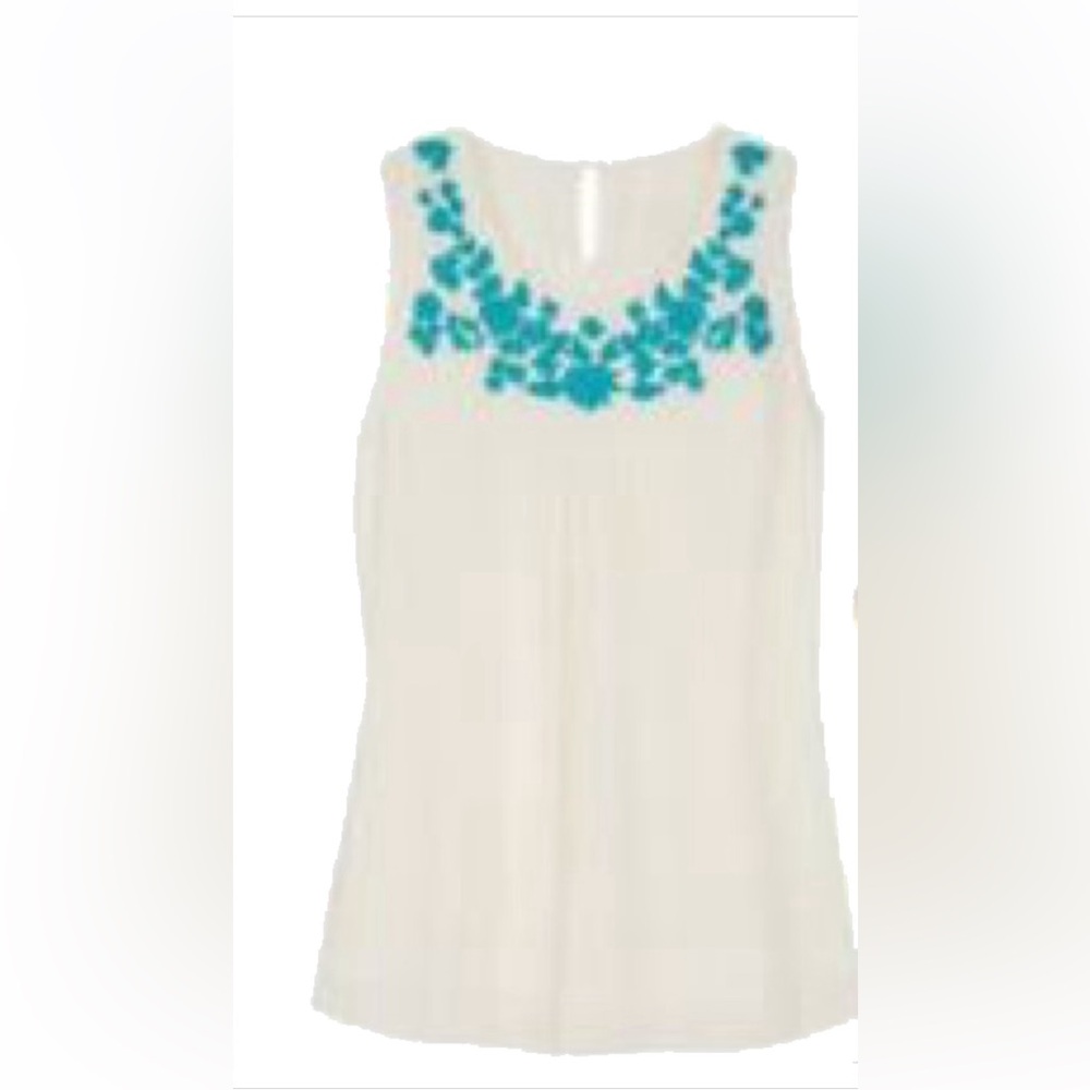 Cream Sleeveless Top with Blue Embroidery